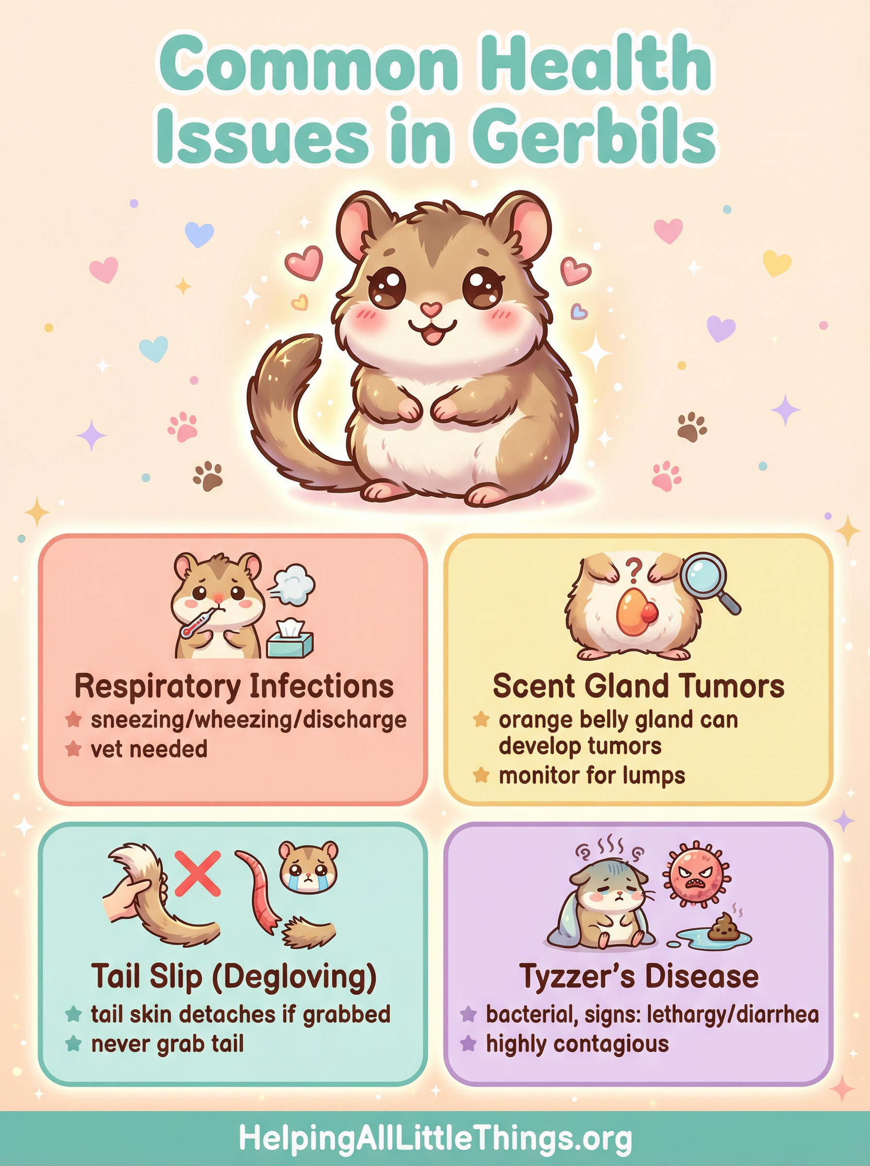 An infographic summarizing the most common health issues in gerbils: Respiratory Infections, Scent Gland Tumors, Tail Slip, and Dental Disease.
