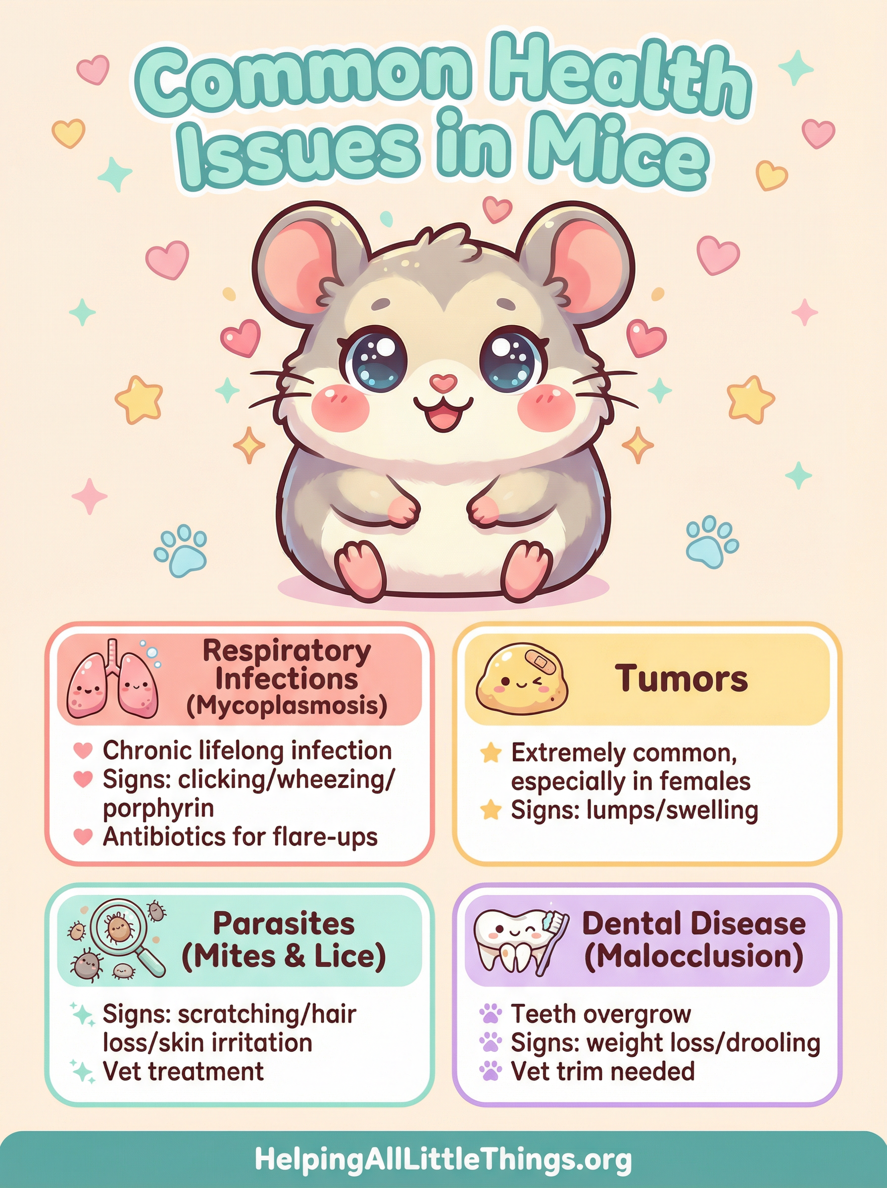 An infographic summarizing the most common health issues in mice: Respiratory Infections, Tumors, Parasites (Mites), and Dental Disease.