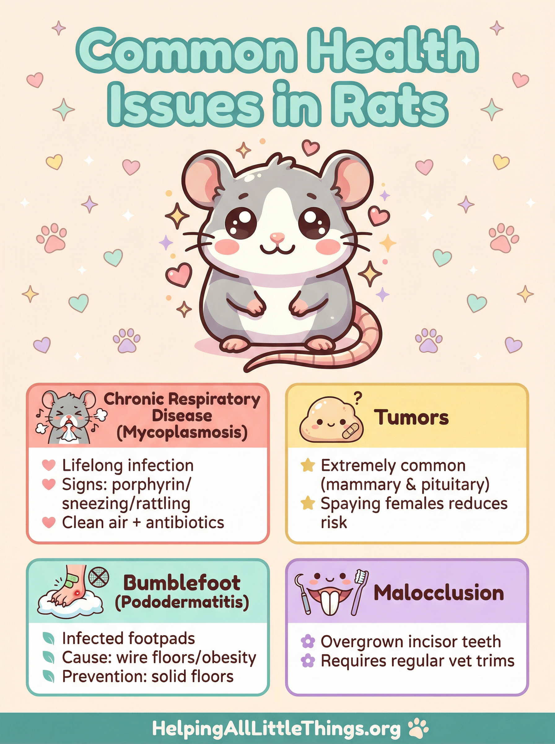 An infographic summarizing the most common health issues in rats: Respiratory Disease (Myco), Mammary Tumors, Bumblefoot, and Malocclusion.