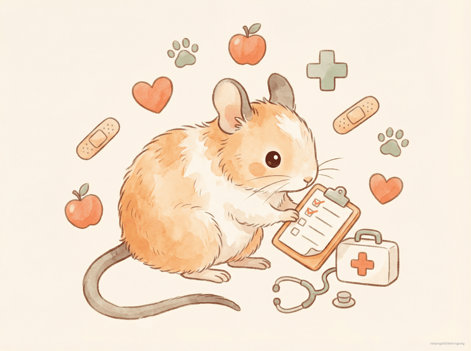 An infographic summarizing the most common health issues in degus: Diabetes, Dental Disease, Tail Slip, and Bumblefoot.