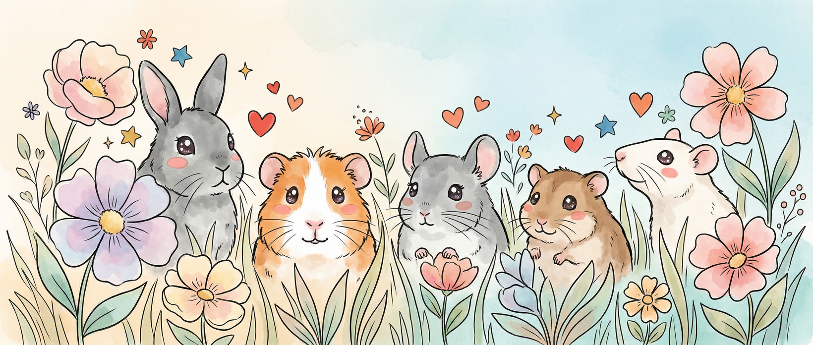 Adorable illustration of a rabbit, guinea pigs, chinchilla, and hamster peeking through flowers