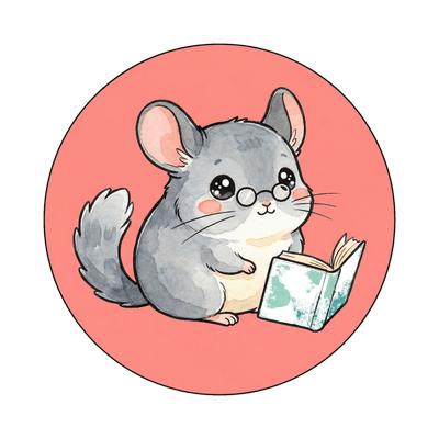 Illustration of a chinchilla wearing glasses reading a book