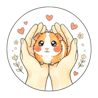 Illustration of gentle hands cupping a tiny guinea pig surrounded by hearts