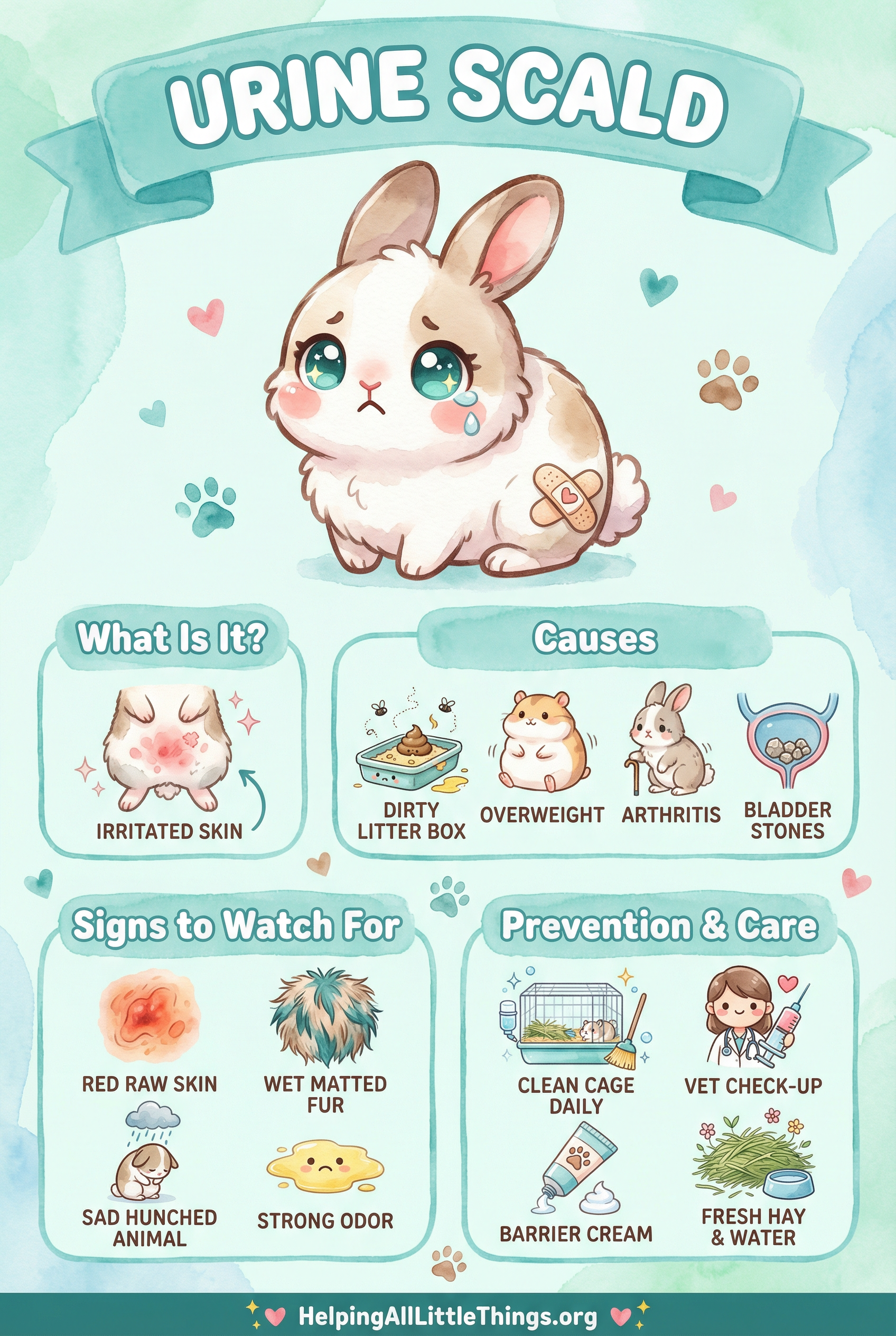 Urine Scald infographic showing causes, signs, prevention and care for small pets