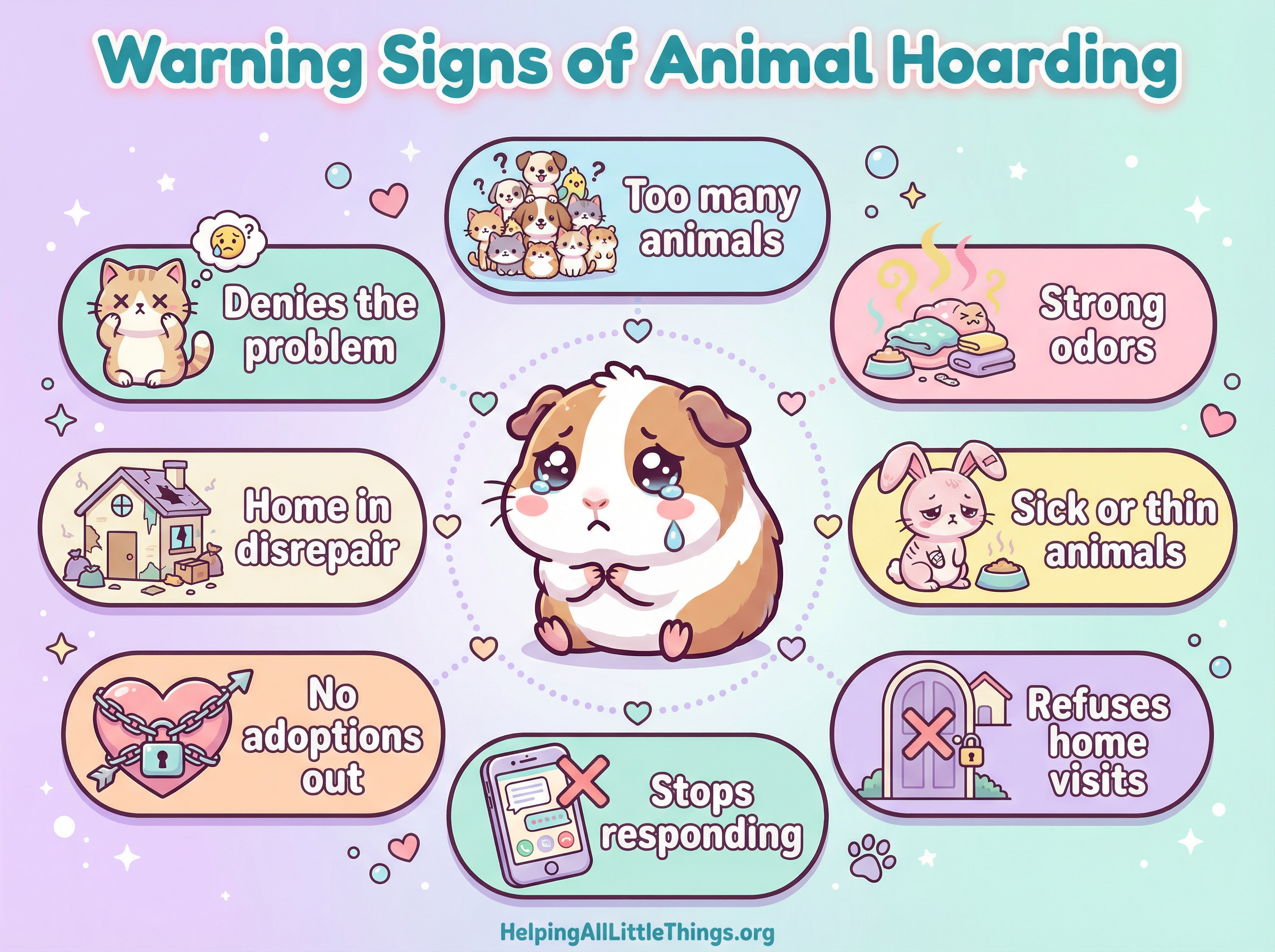 Warning signs of animal hoarding — an infographic showing 8 key red flags including too many animals, strong odors, sick animals, refusal of home visits, and more