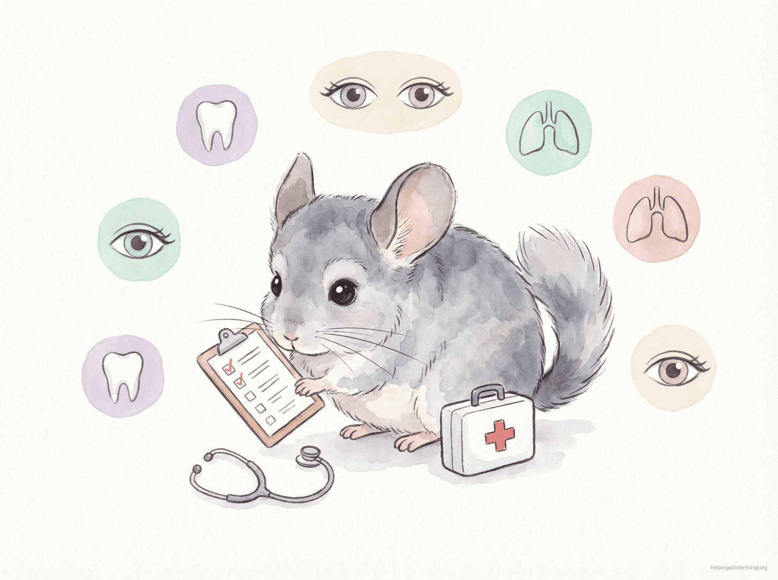 Infographic summarizing the most common health issues in chinchillas: Dental Disease, Bloat, Ringworm, and Heat Stroke