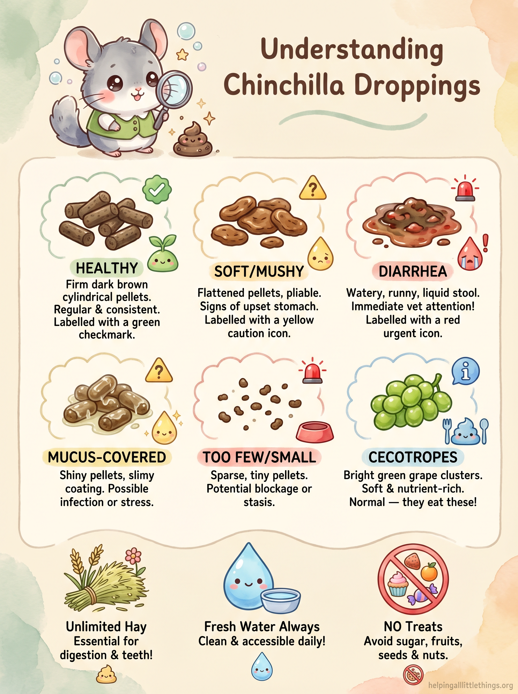 Infographic showing normal vs abnormal chinchilla droppings: colour, shape, texture, and what each variation means