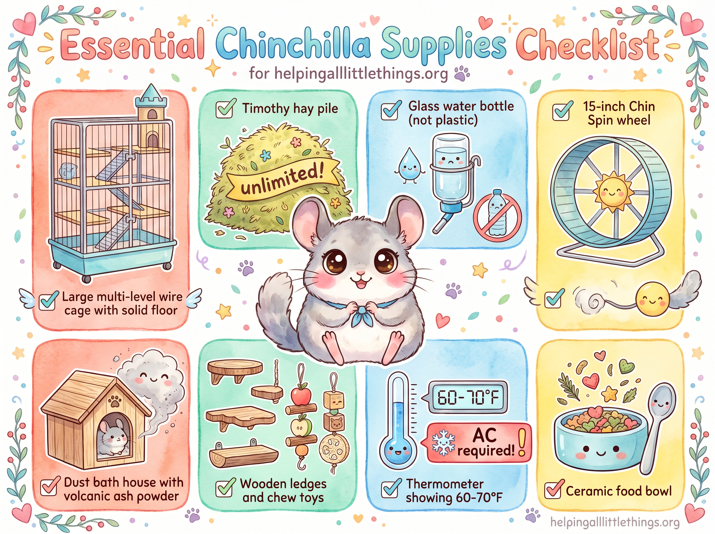 Kawaii infographic checklist of essential chinchilla supplies: cage, hay, glass water bottle, Chin Spin wheel, dust bath, wooden ledges, thermometer, and ceramic bowl