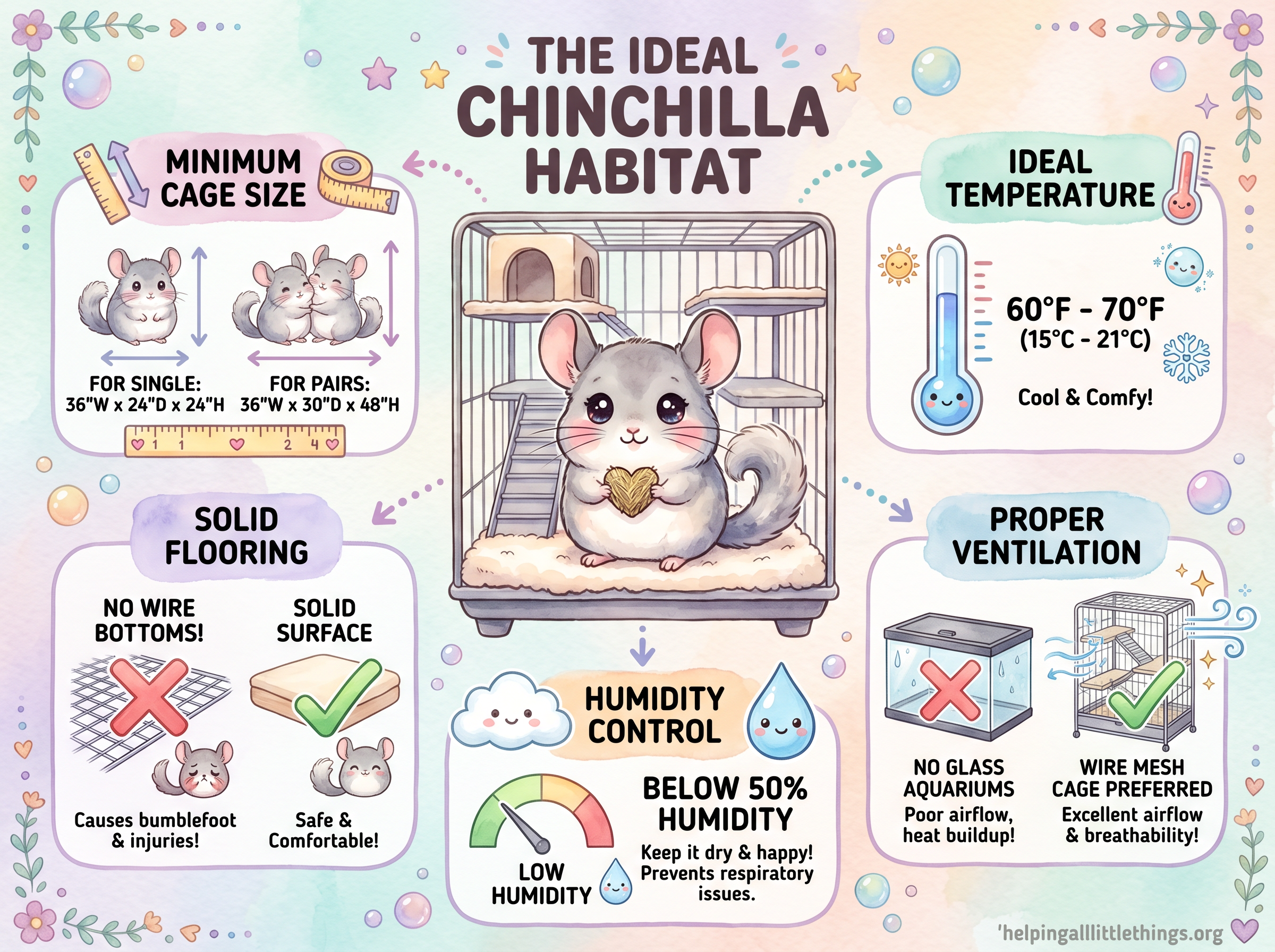 Kawaii infographic showing ideal chinchilla habitat requirements: cage size, temperature, solid flooring, ventilation, and humidity