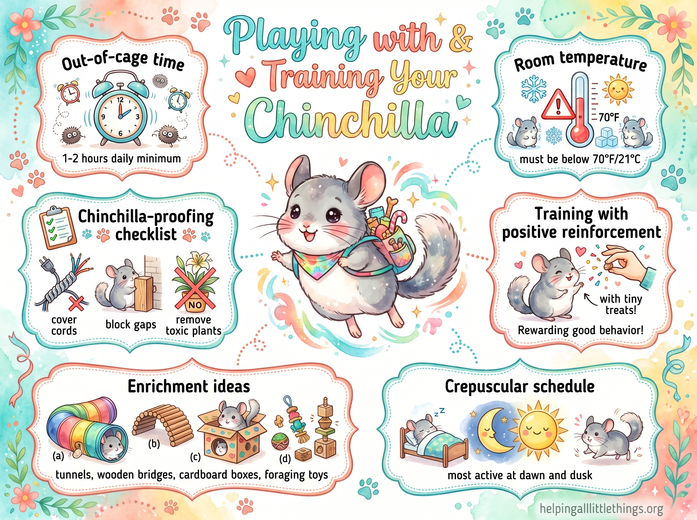 Kawaii infographic: Playing with and Training Your Chinchilla — out-of-cage time, temperature warning, chinchilla-proofing, positive reinforcement training, enrichment ideas, and crepuscular schedule