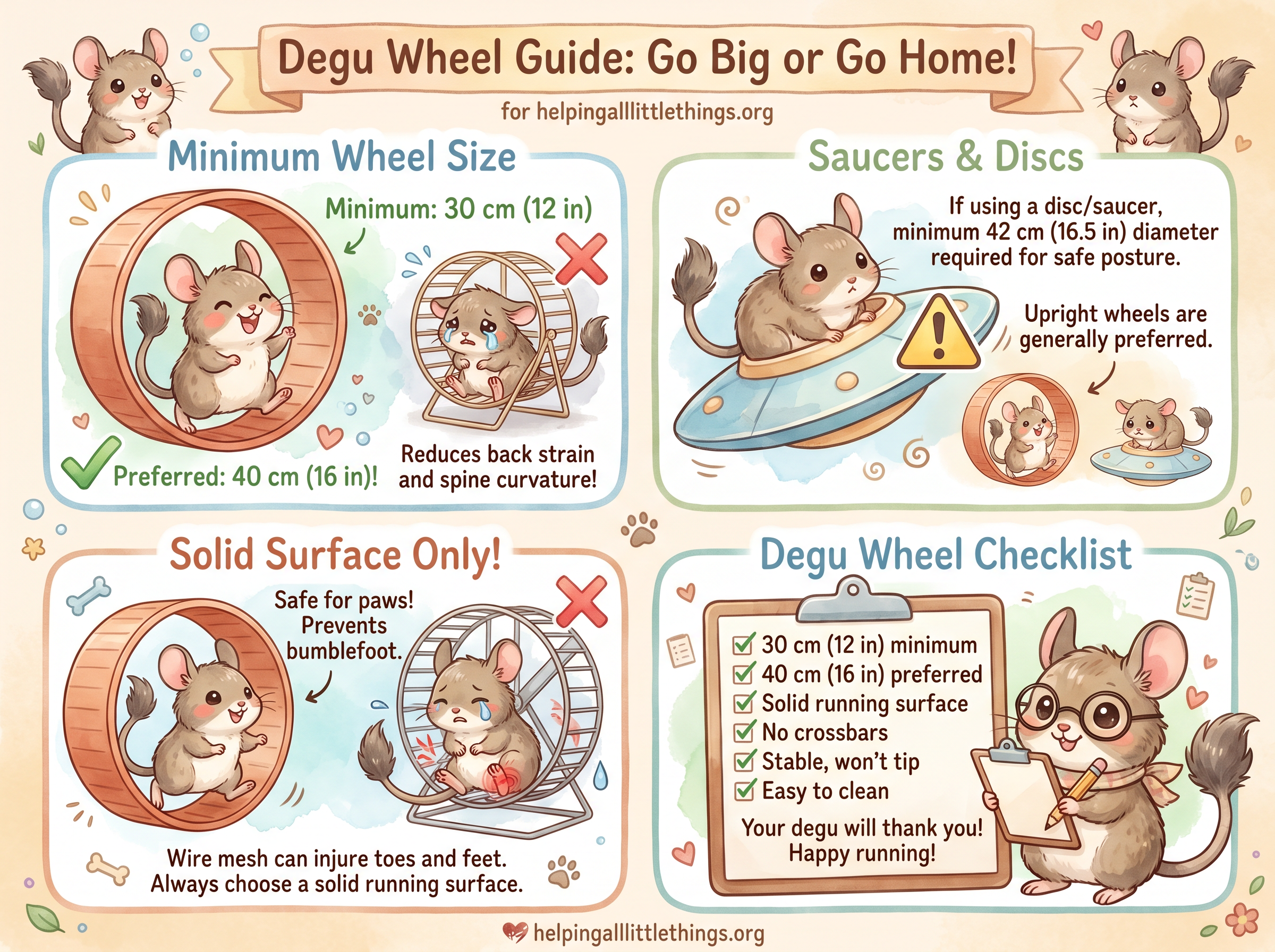 Kawaii infographic showing minimum wheel sizes for degus, solid surface requirements, saucer size thresholds, and wheel checklist