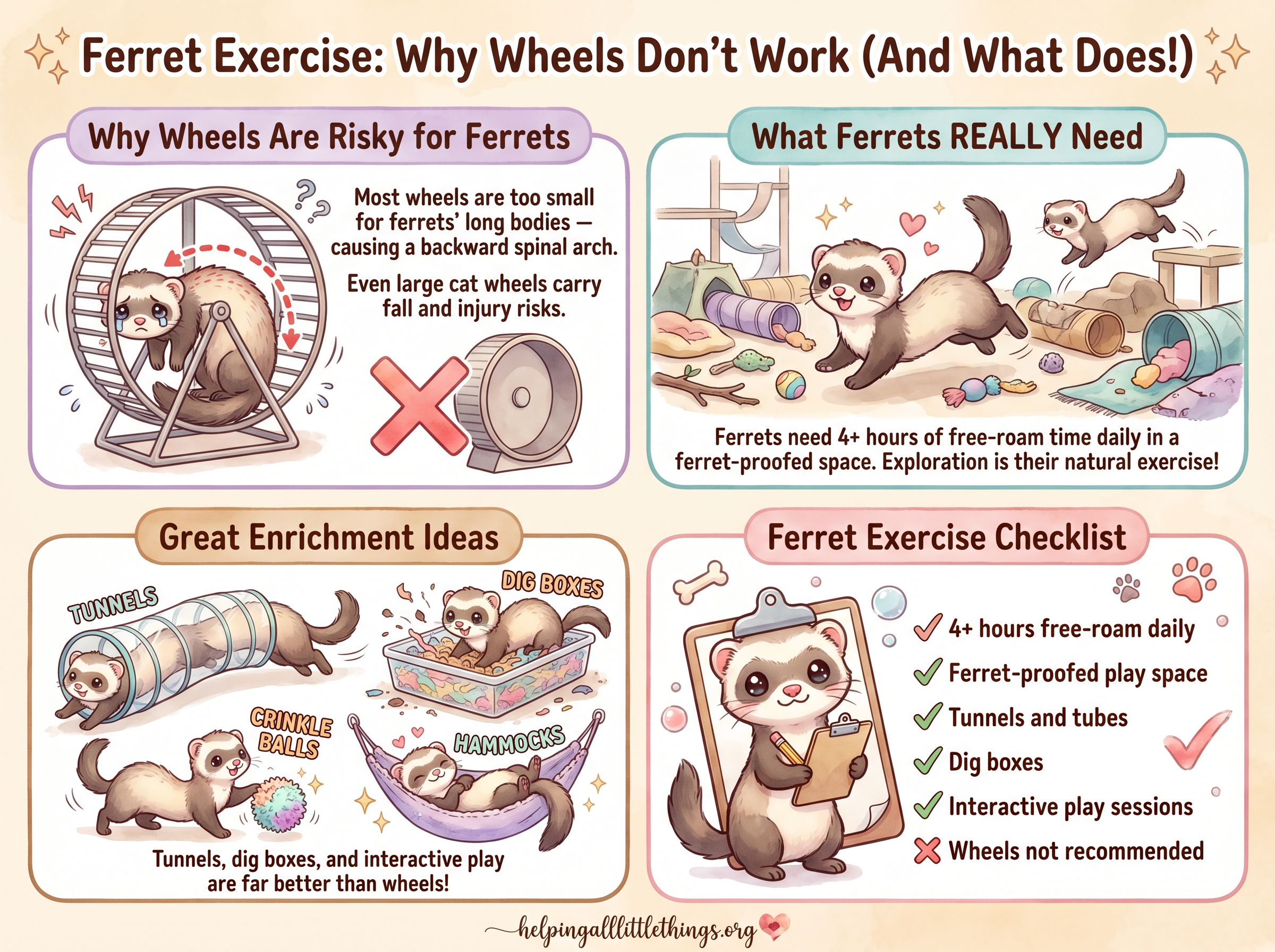 Kawaii infographic explaining why wheels are risky for ferrets, what ferrets really need for exercise, enrichment ideas, and a ferret exercise checklist