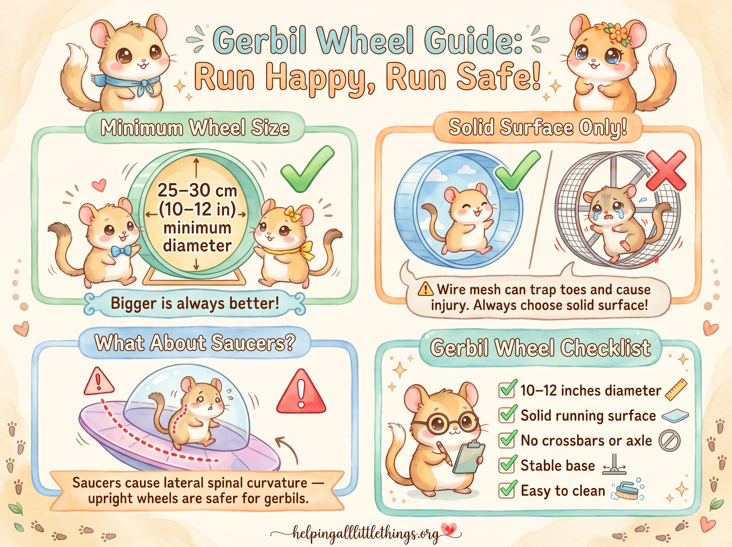 Kawaii infographic showing minimum wheel sizes for gerbils, solid surface requirements, and saucer safety concerns