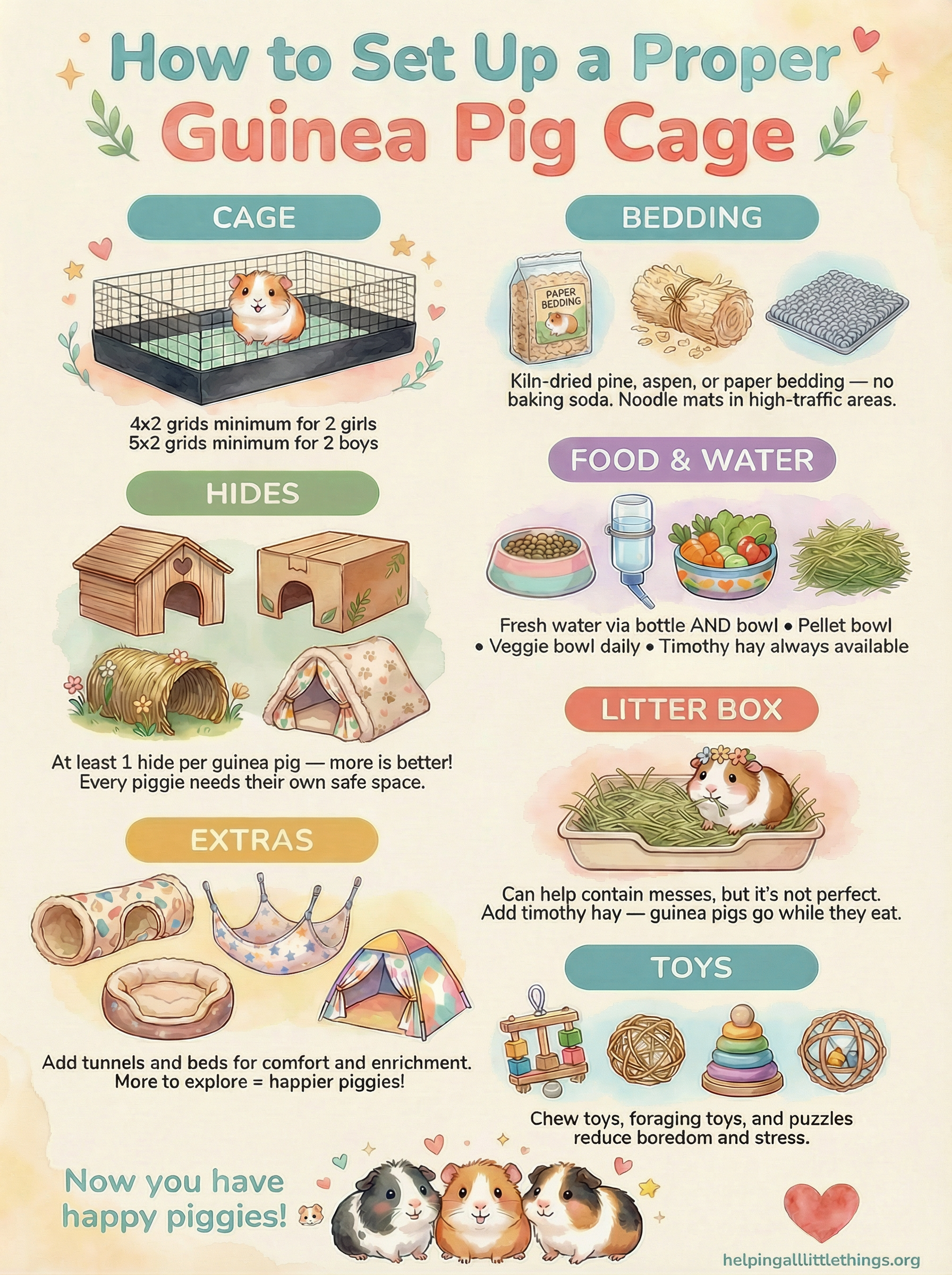 Infographic showing how to set up a proper guinea pig cage, including cage size, bedding, hides, food and water, extras, litter box, and toys.
