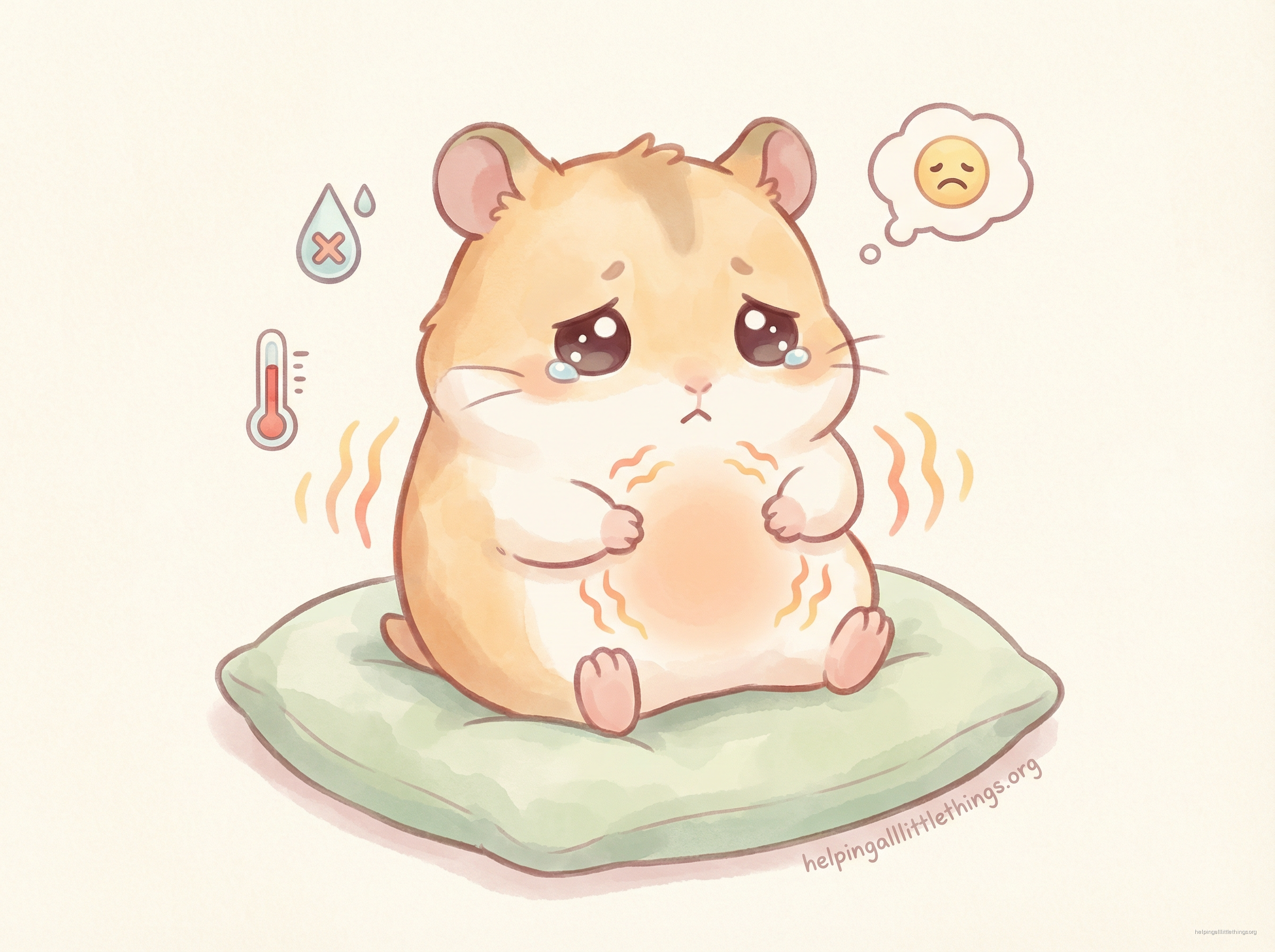 Kawaii-style illustration of a round golden hamster holding its tummy with both paws, looking sad and unwell, with a glowing ache around the belly area and icons for dehydration and fever nearby.
