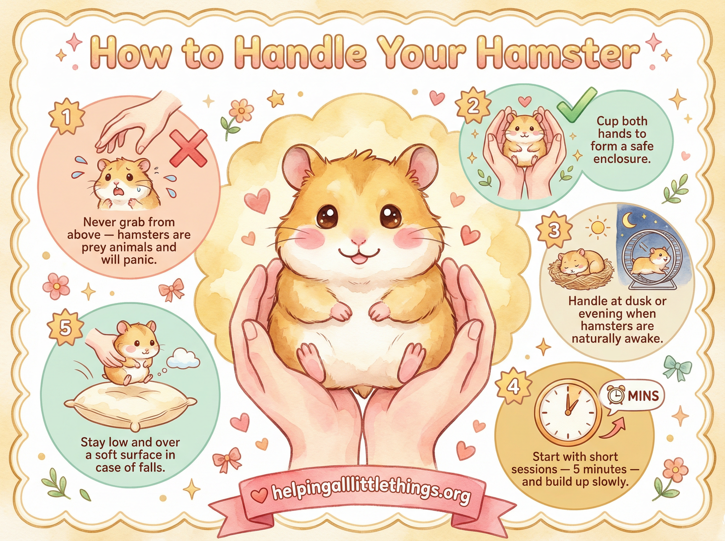 Kawaii-style infographic showing five safe hamster handling tips: never grab from above, cup gently from below, stay low, let them sniff your hand first, and start with short 5-minute sessions.