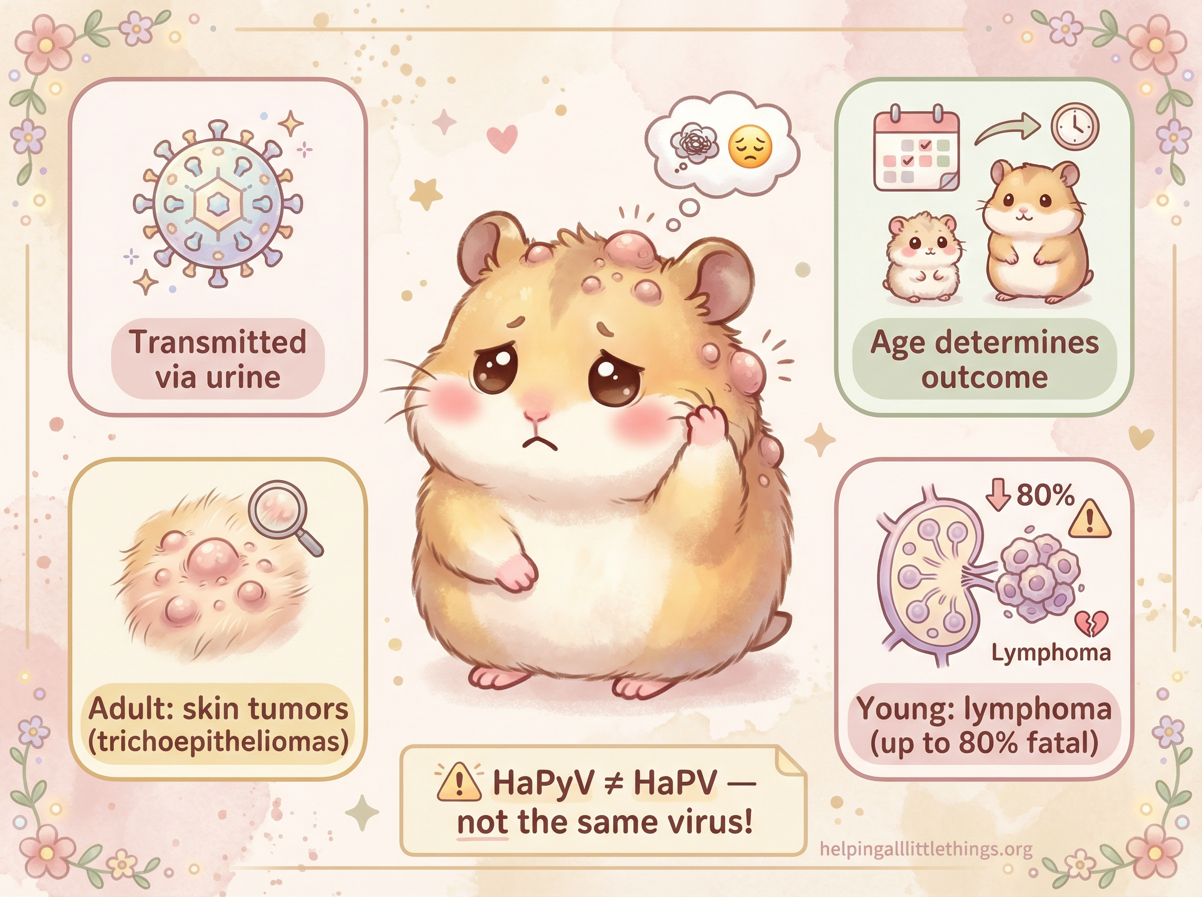 Kawaii-style infographic showing a sad hamster with skin nodules, with four info panels: transmitted via urine, age determines outcome, adult skin tumors (trichoepitheliomas), and young hamsters: lymphoma up to 80% fatal. Note at bottom: HaPyV is not the same as HaPV.