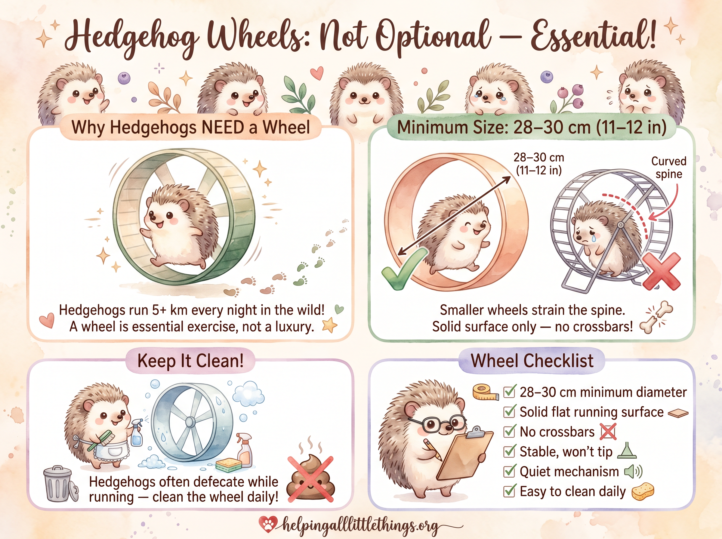 Kawaii infographic explaining why hedgehog wheels are essential, minimum size of 28–30 cm, cleaning requirements, and wheel checklist