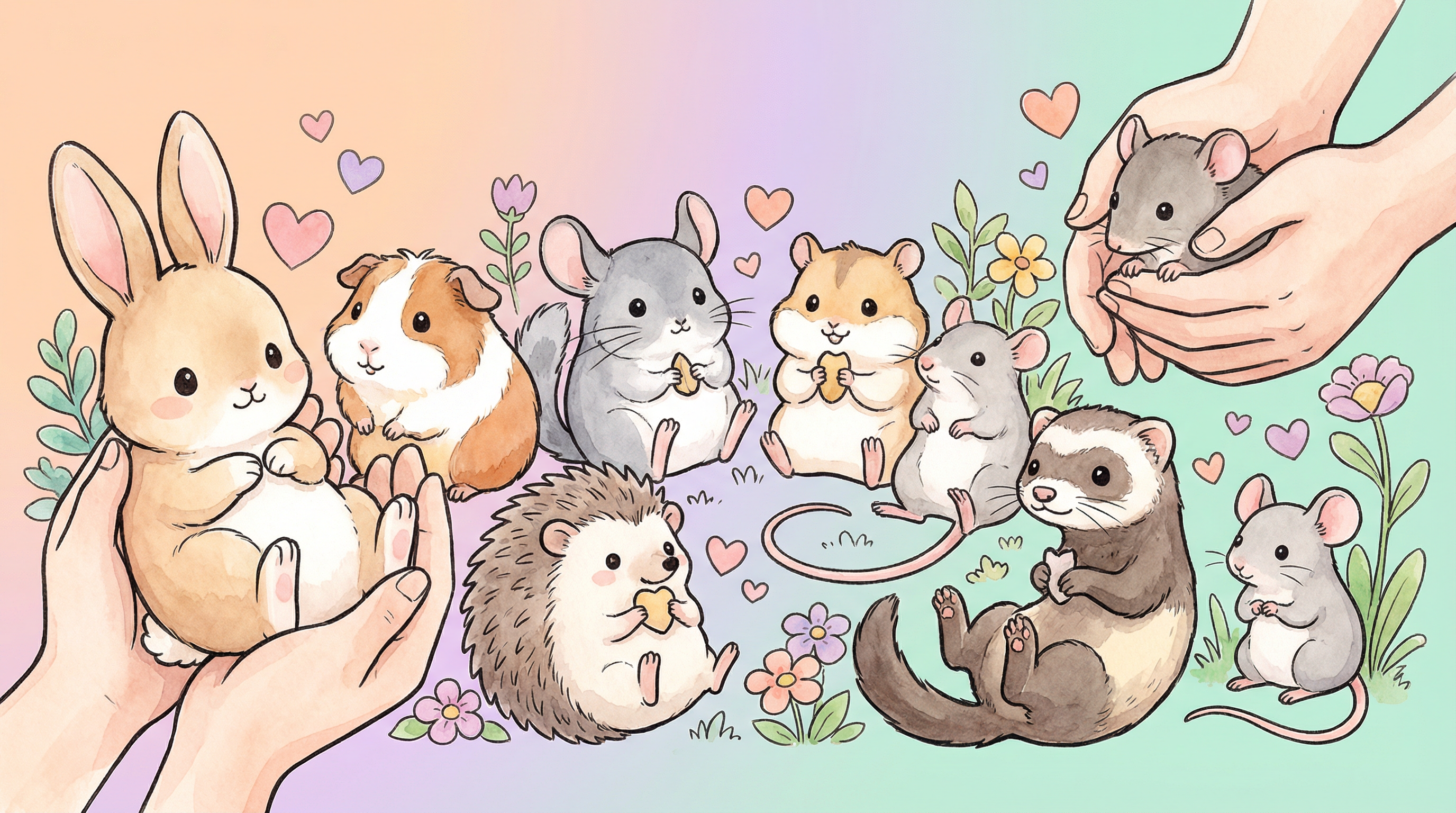 Adorable kawaii illustration of all the animals we rescue gathered together with caring hands