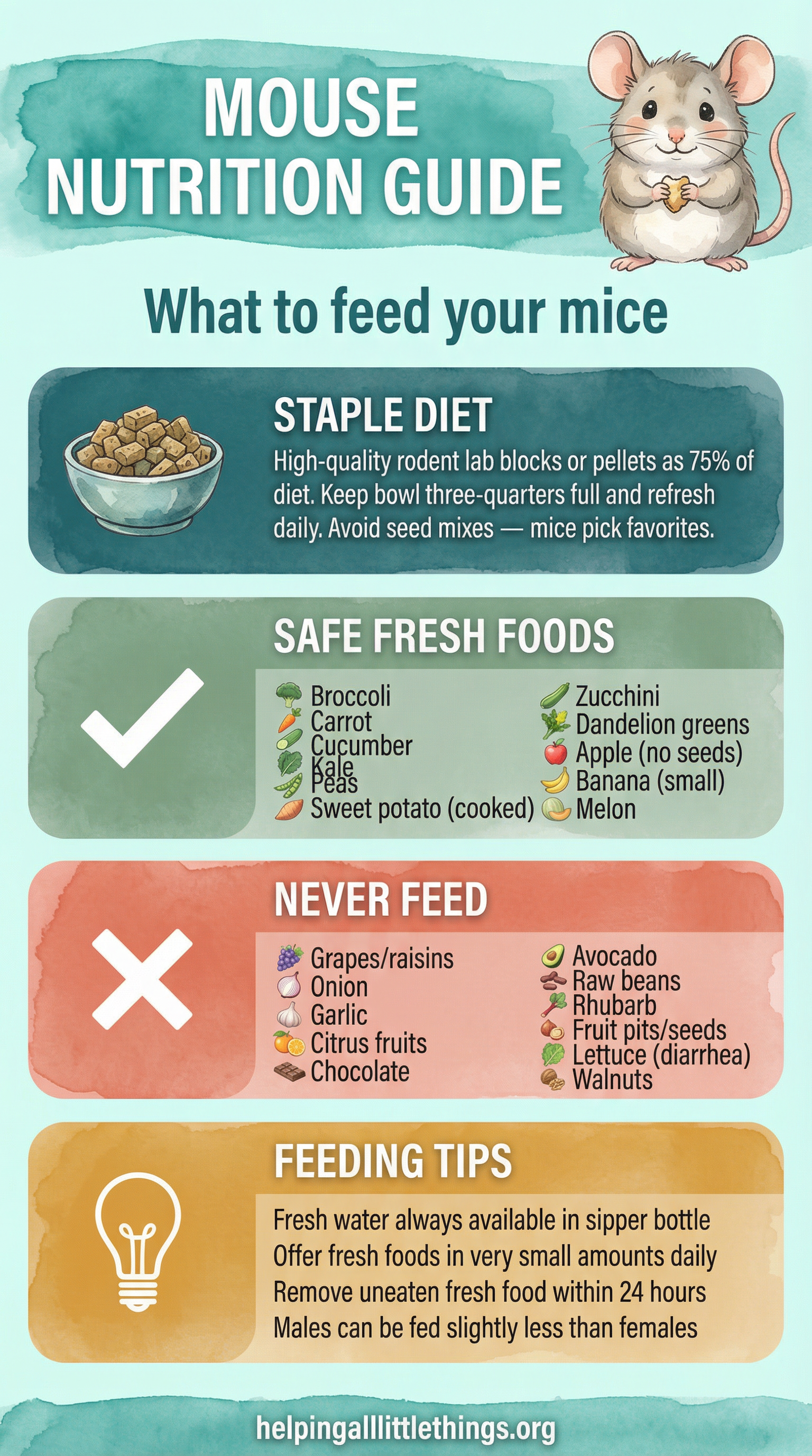 An infographic detailing the proper diet for mice, including staple foods, safe fresh foods, foods to avoid, and feeding tips.