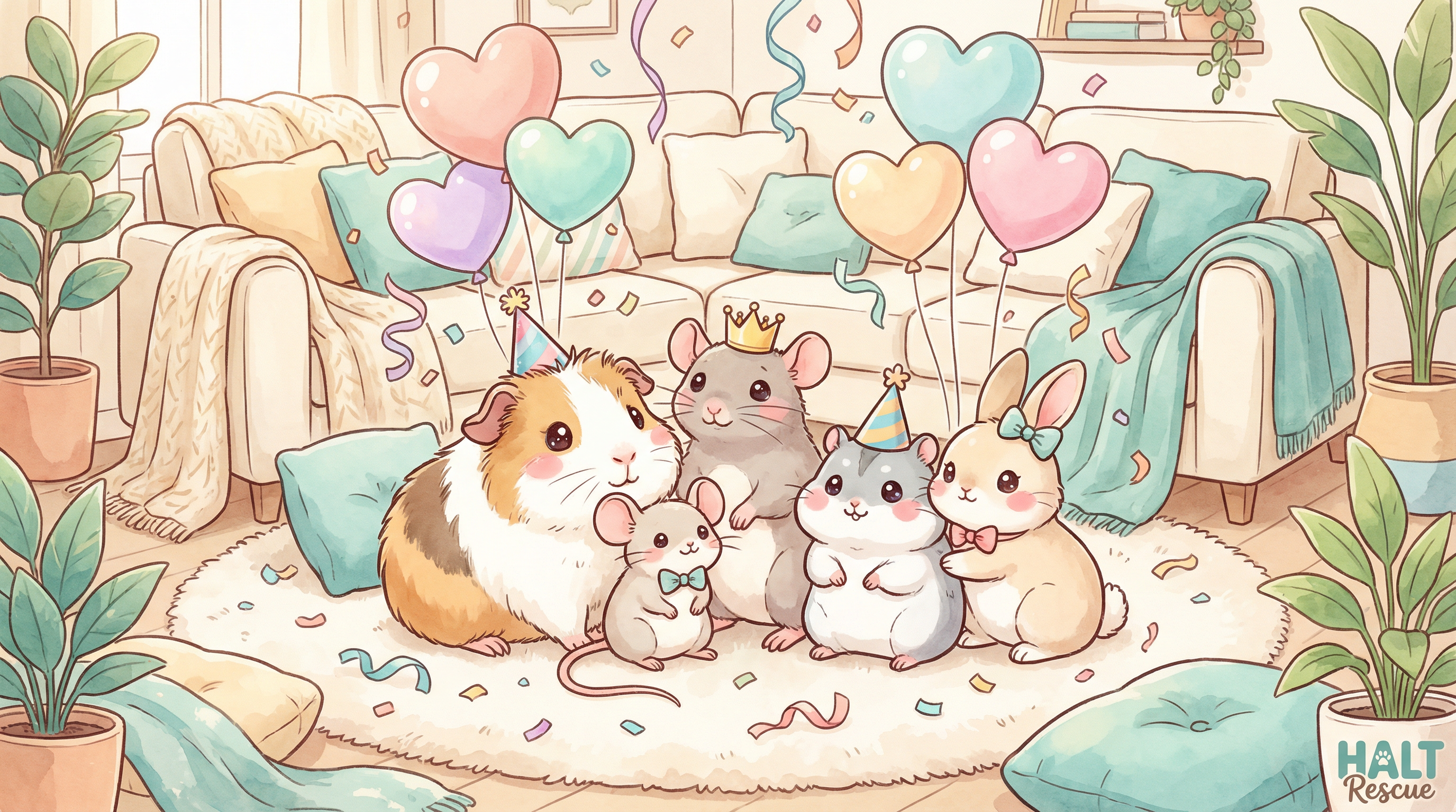 Rescued animals celebrating their forever homes